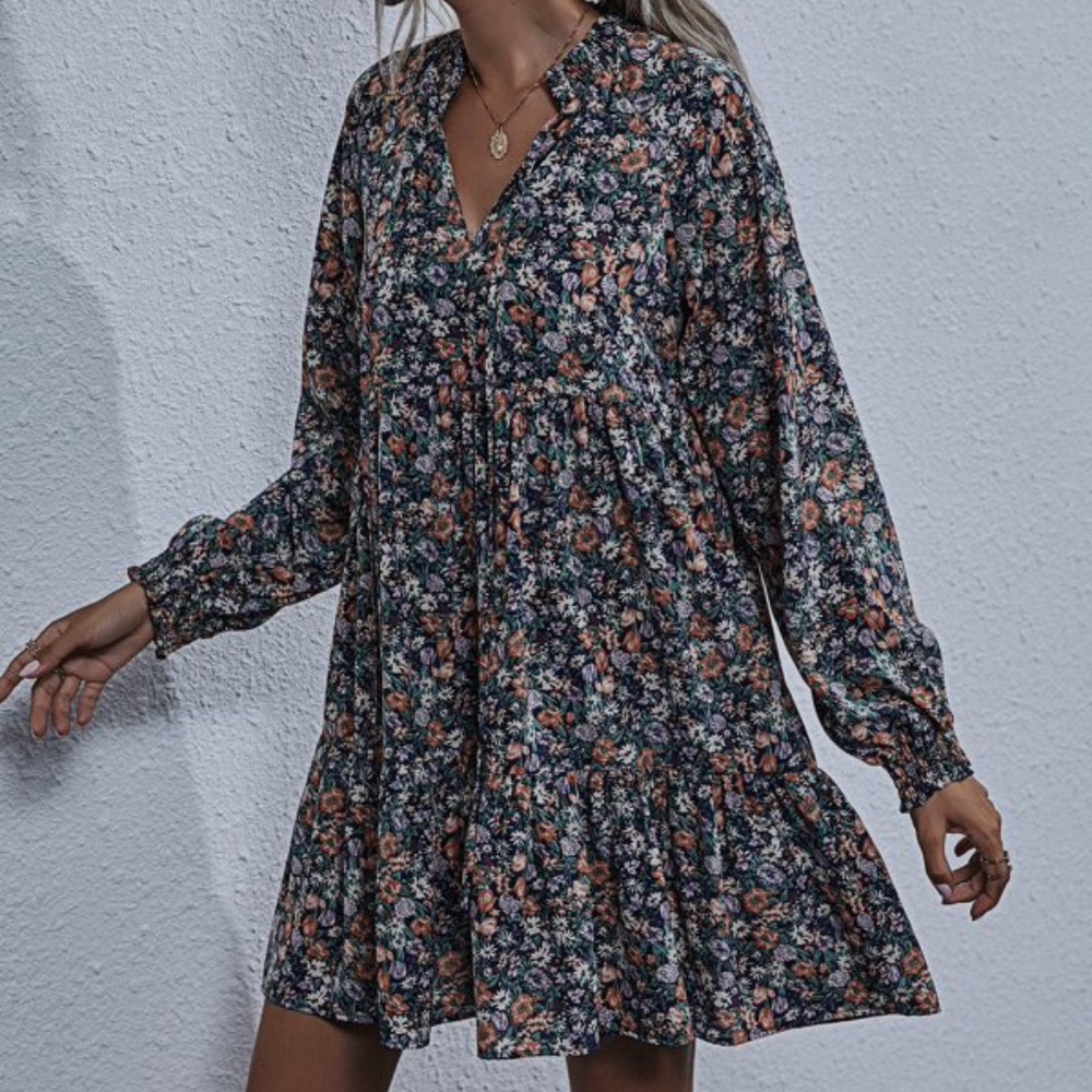 Boho Floral Print Ruffle Babydoll Mini Dress - Picture 4 of 8